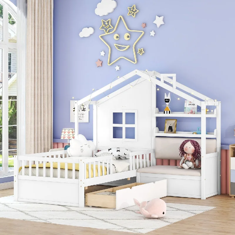 White Twin Size House Bed with Sofa, Kids Platform Bed with Two Drawers and Storage Shelf, Linen Upholstered Sofa