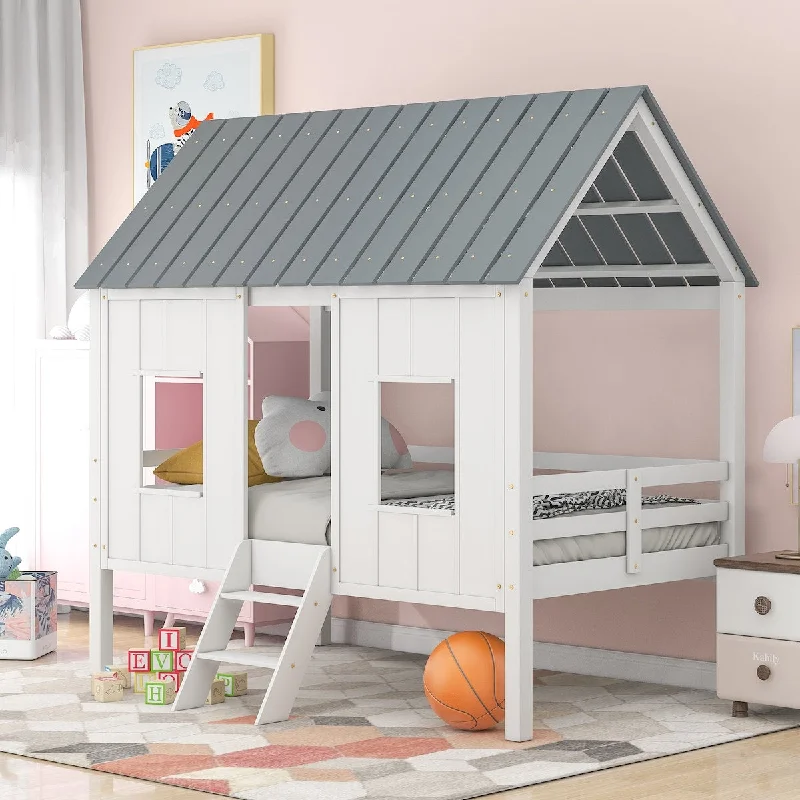 White Twin Size Low Loft House Bed with Roof and Two Front Windows