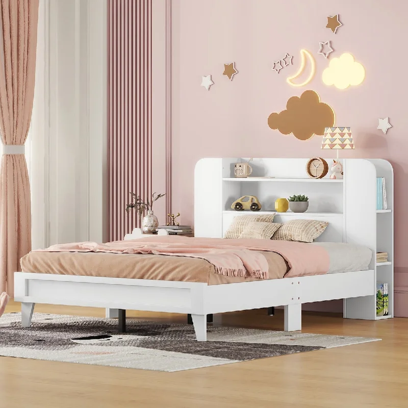 White Twin Size/ Platform Bed with Storage Headboard, / Finish, Durable Particle Board Construction, for teenagers.