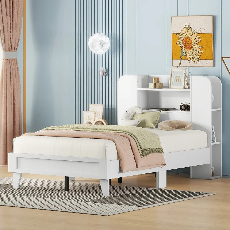 White Twin Size Platform Bed with Storage Headboard,Size Constructed from Durable Particle Board, Suitable for Teenagers