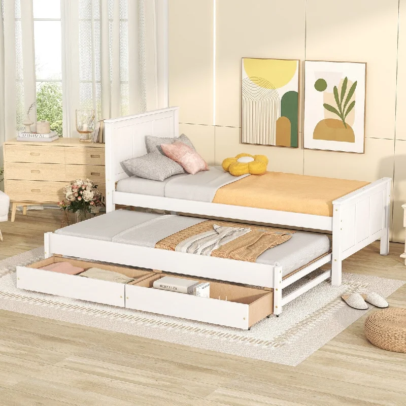 White Twin Size Platform Bed with Trundle and 2 Drawers, Headboard, Sturdy Pine Wood Frame, No Box Spring Required