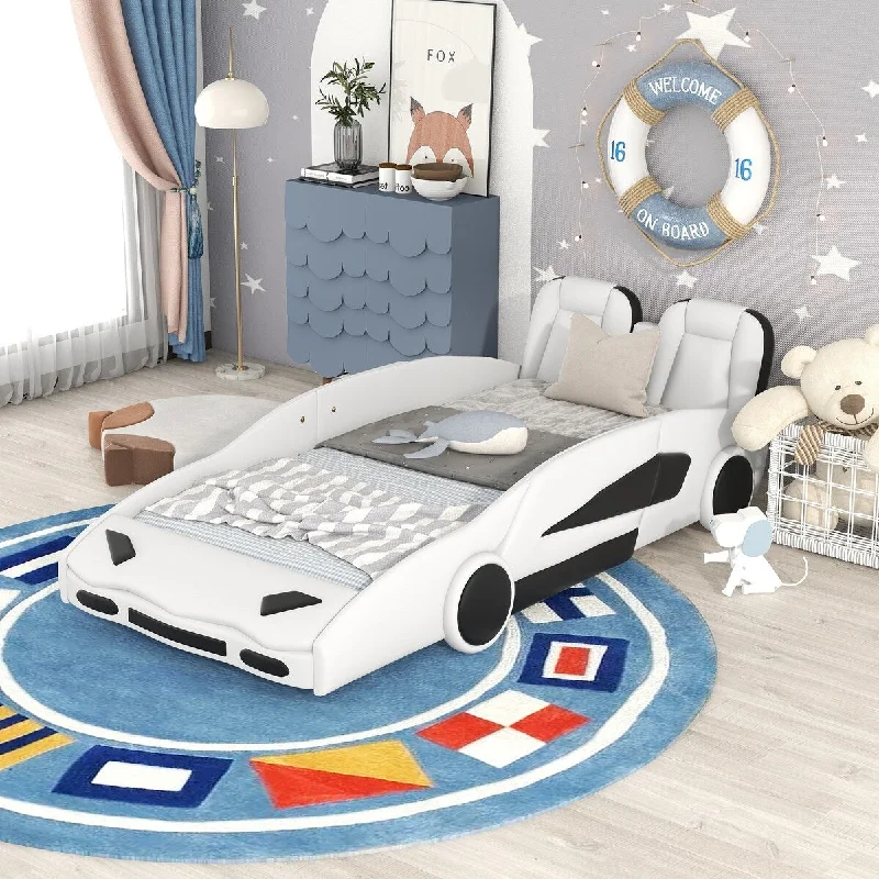 White Twin Size Race Car-Shaped Platform Bed with Rolling Wheels - Durable Construction