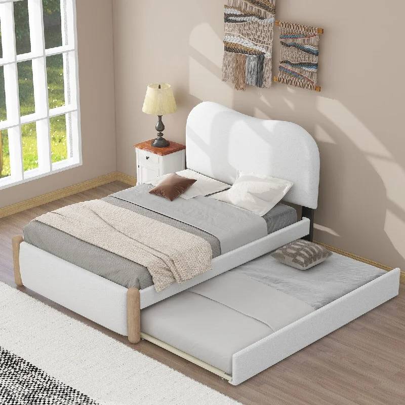 White Twin Size Upholstered Platform Bed with Headboard, Wood Supporting Feet and Twin Size Trundle