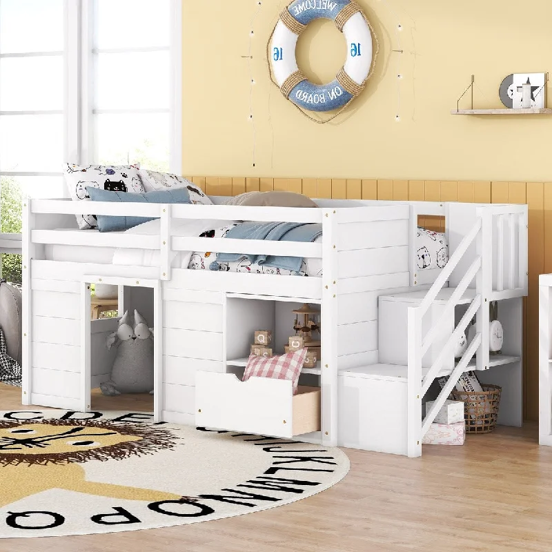 White Twin SizeSolid Wood Low Loft Bed with Staircase and Multiple Storage Options