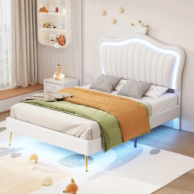 White Twin Upholstered Platform Bed with LED Lights