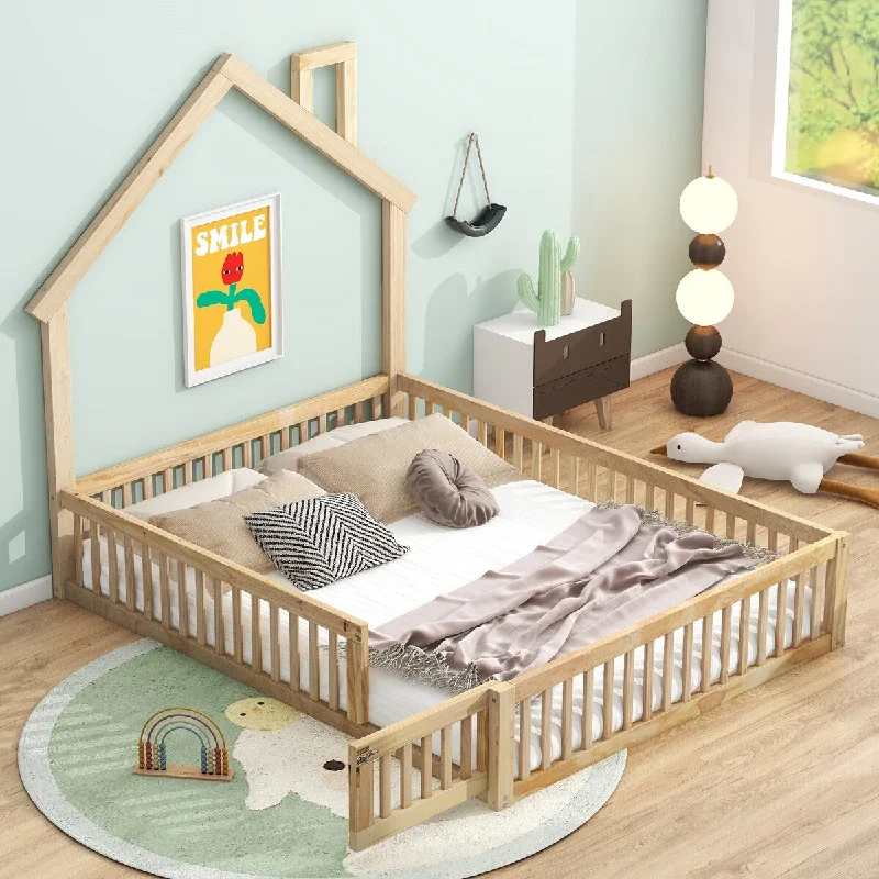 Wood Full Size House Platform Bed Kids Bed with Guardrail, Natural