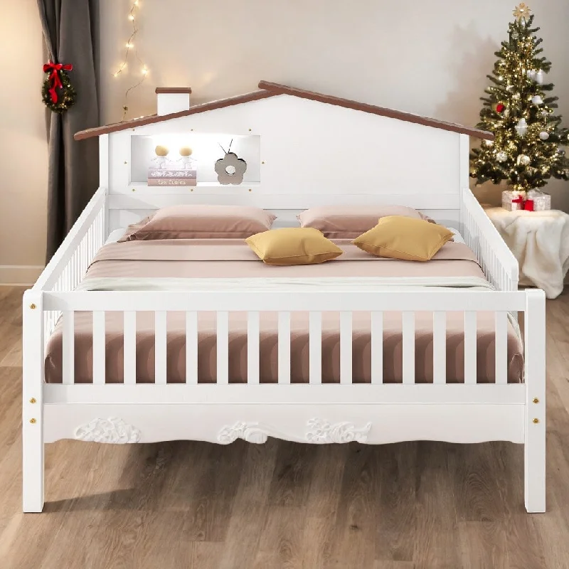 Wood House-shaped Full Size Platform Bed with LED and Built-in Storage and Safety Guaranteed