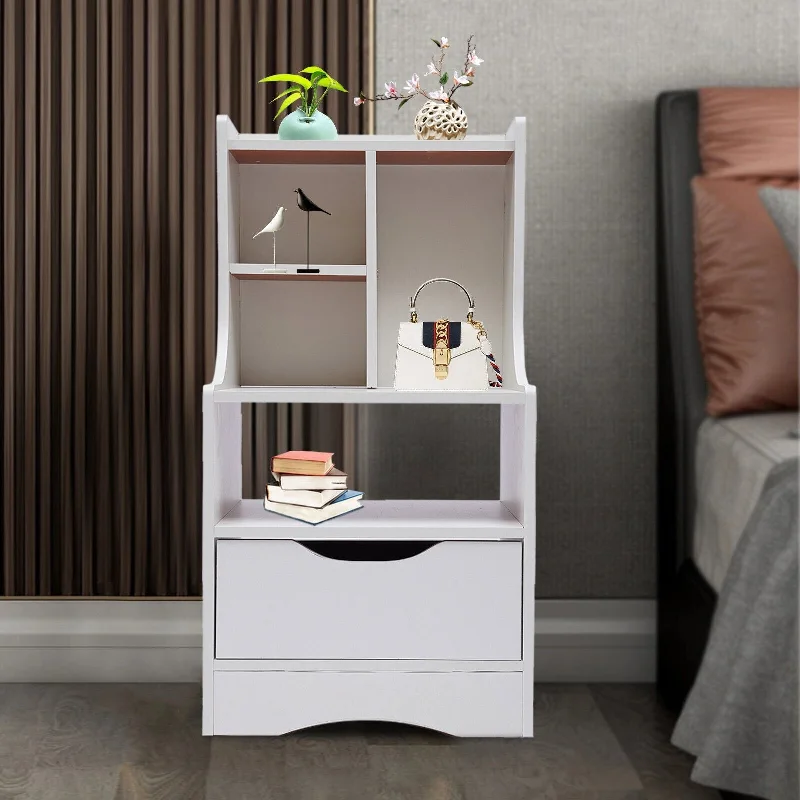 Wood Nightstand with Drawer and Shelf Multifunctional Bedside Cabinet