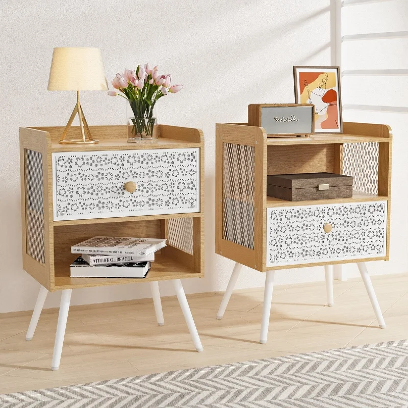 Wooden Bedside Table With Metal Legs Nightstand Set Of 2