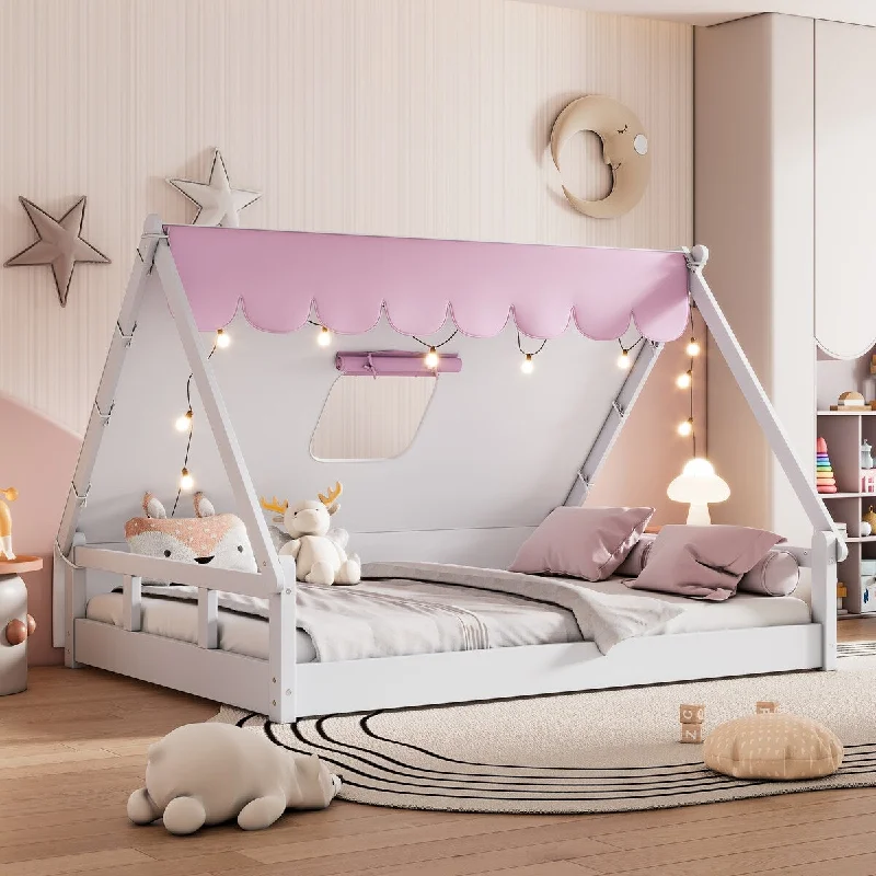 Wooden Full Size Tent Bed with Fabric for Kids, Platform Bed with Fence and Roof, White, Pink