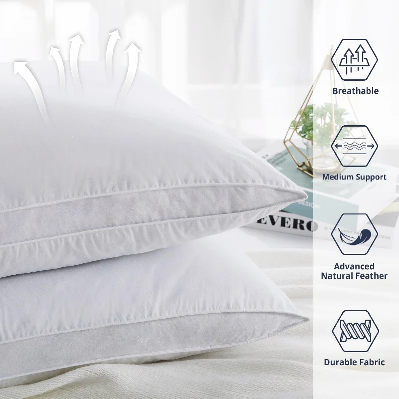 2 Pack Gusseted Goose Feather Down Pillows with Cotton Cover - White