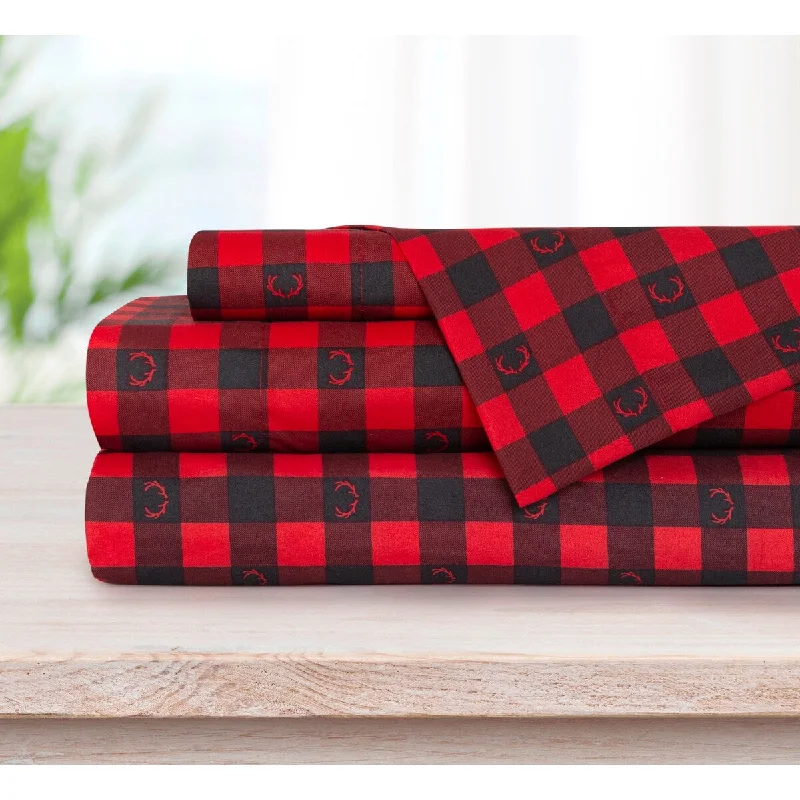 Printed 4 Piece Queen Buffalo Plaid Deer Antlers Sheet Set