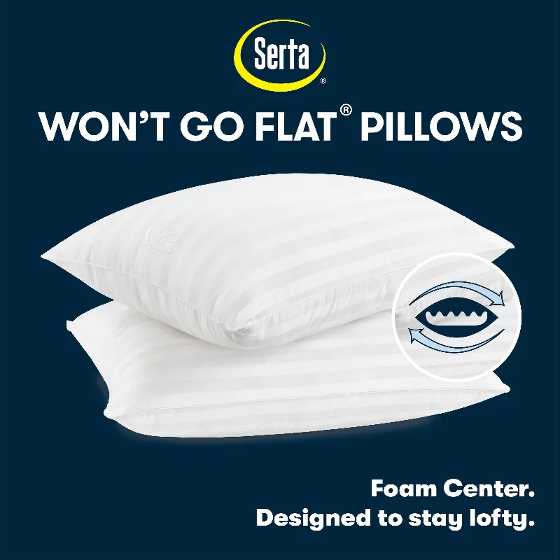 Serta Won't Go Flat Extra Life Foam Core, Cotton Cover, Standard/Queen Size Pillows Set of 2, 20 In x 28 In, White