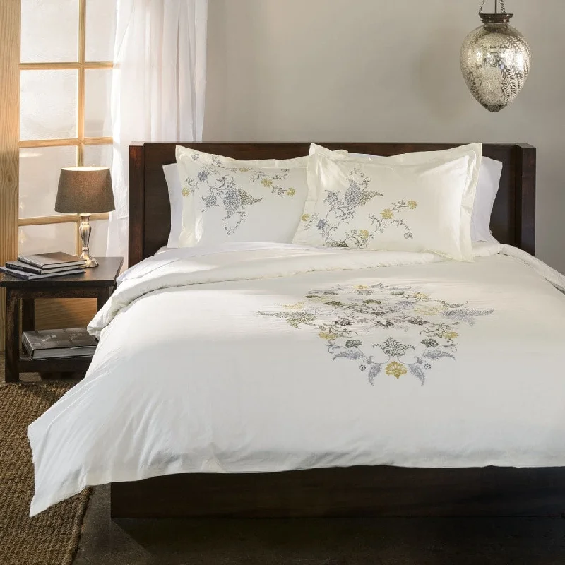 Superior Hyacinth Floral Embroidered Cotton 3-Pc Duvet Cover Set