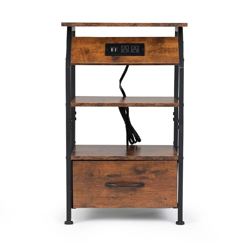 15.36" Rustic Brown Vintage Nightstand with Charging Station,Remote Control LED Lights