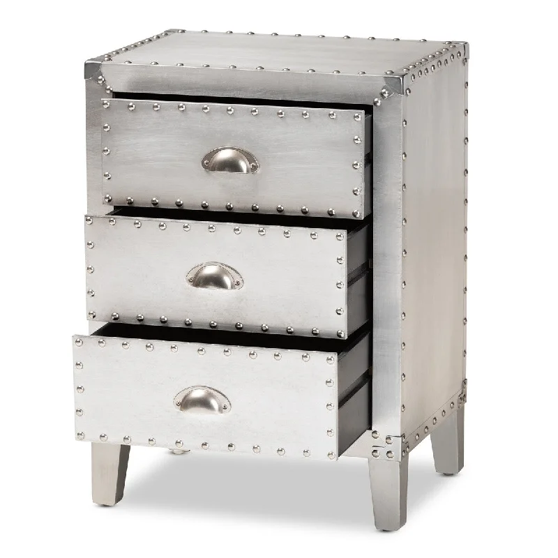 Claude French Industrial Silver Metal 3-Drawer Nightstand