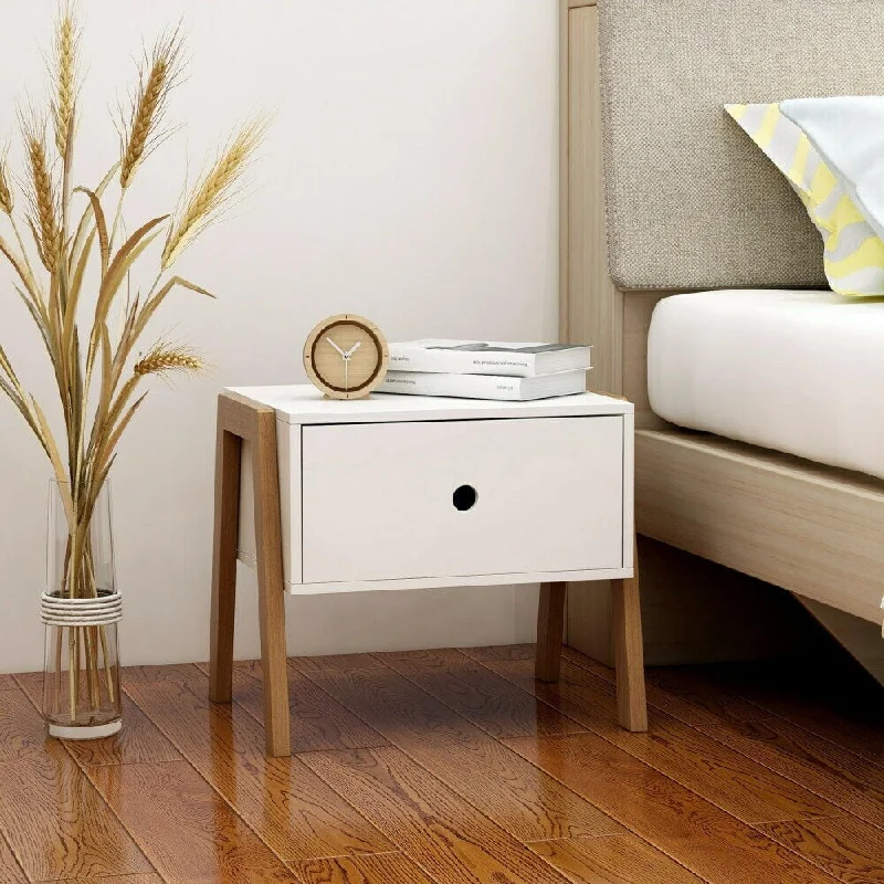 Drawer Nightstand with Light Brown Bamboo Frame, White