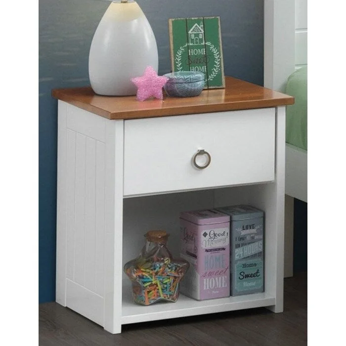 Farah Nightstand with 1 Drawer & Open Compartment (Wood Shelf), White & Oak