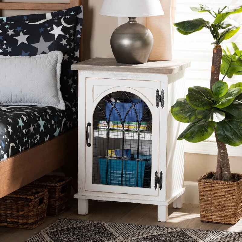 Faron Classic and Traditional Farmhouse Two-Tone Distressed White and Oak Brown Finished Wood 1-Door Nightstand