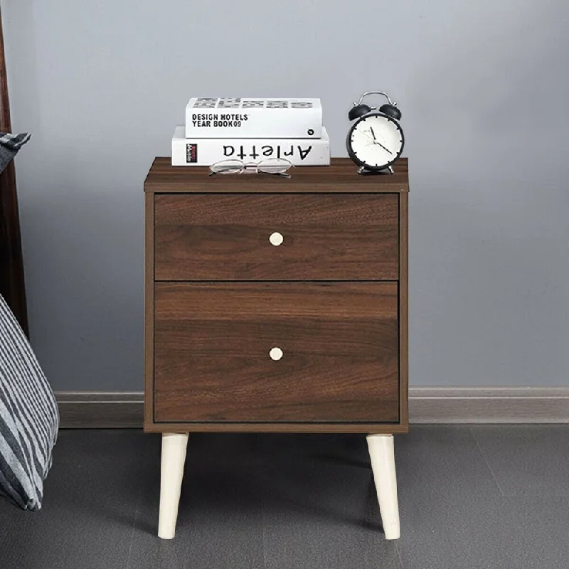 Fashion Nightstand 2-Drawer Beside End Side Table w/Rubber Legs Walnut Finish