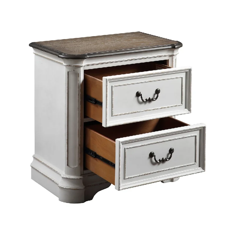 Florian Nightstand with 2 Storage Drawers, Antique White & Oak Finish