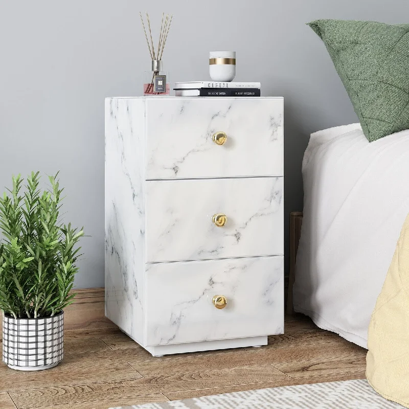 Gray Marble Glass Nightstand - 3 Drawers, Side Table