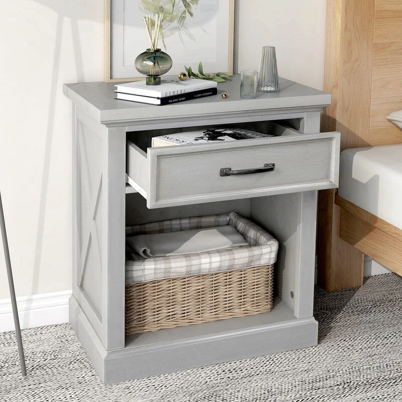 Gray Modern Wooden Nightstand with Drawer Storage