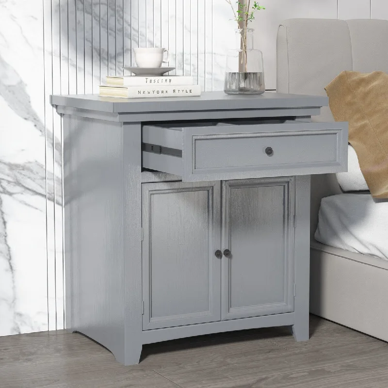 Gray Pine Wood Modern Nightstand - Slide Drawer, Flip Cabinet