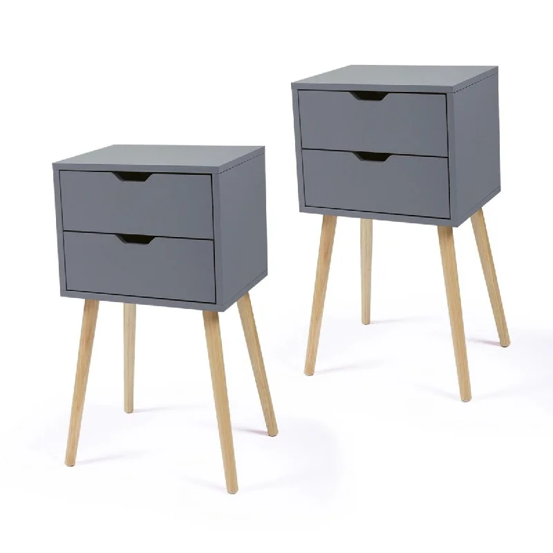 Gray Set of 2 Nightstands with 2 Storage Drawers, Anti-Slip Foot Pads, and Modern Simple Design