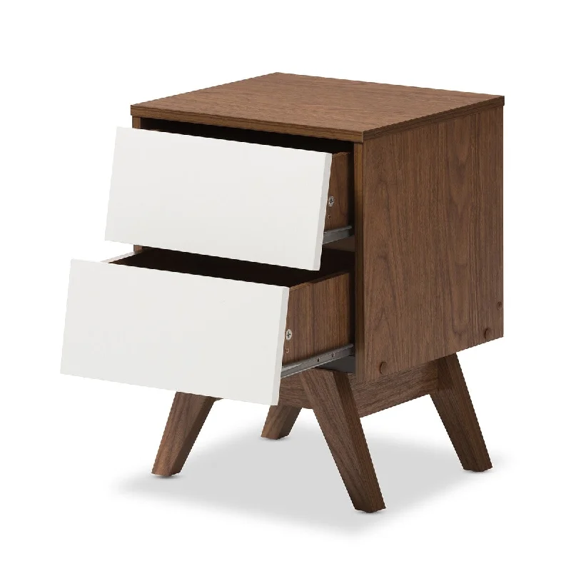 Hildon Mid-Century Modern White and Walnut Wood 2-Drawer Storage Nightstand