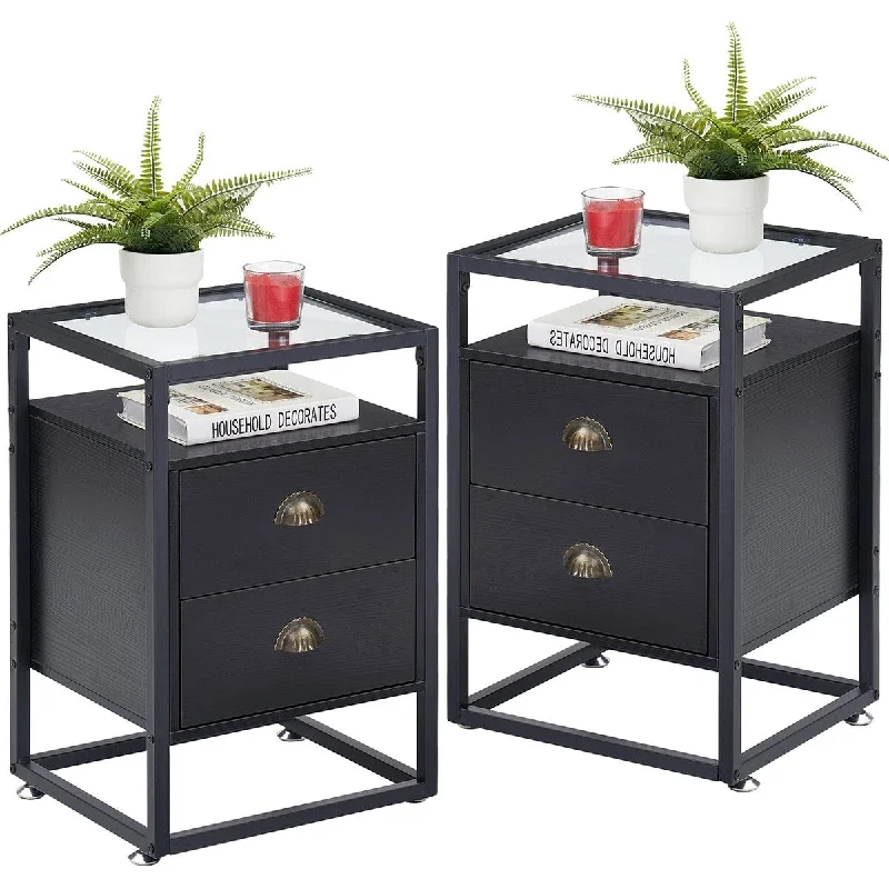 Javlergo 2-Drawer Nightstand with Tempered Glass Top, Set of 2