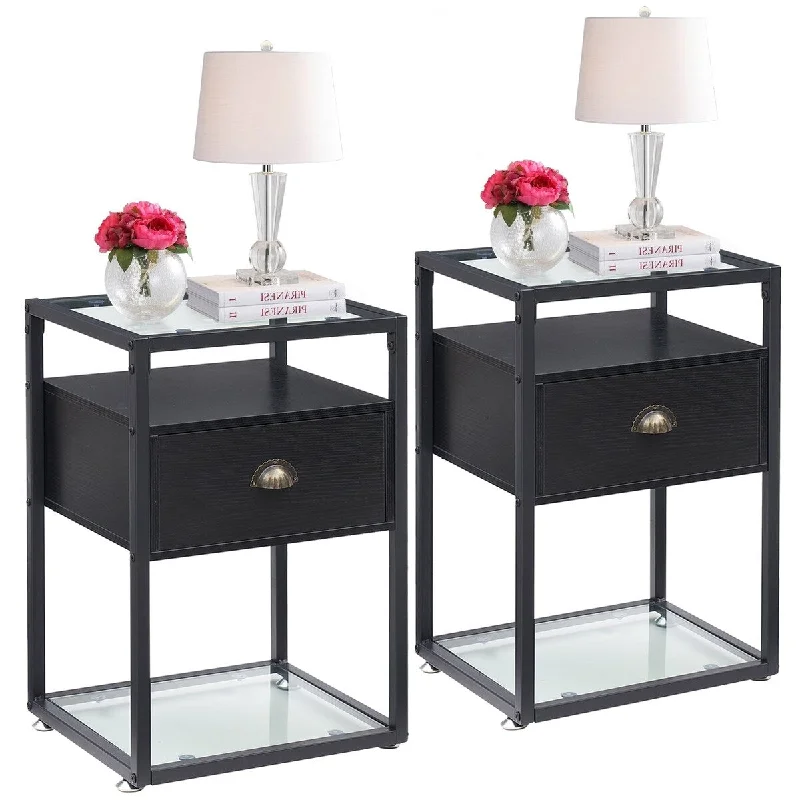 Javlergo Set of 2 Tempered Glass Nightstand with 1-Drawer and Open Shelf