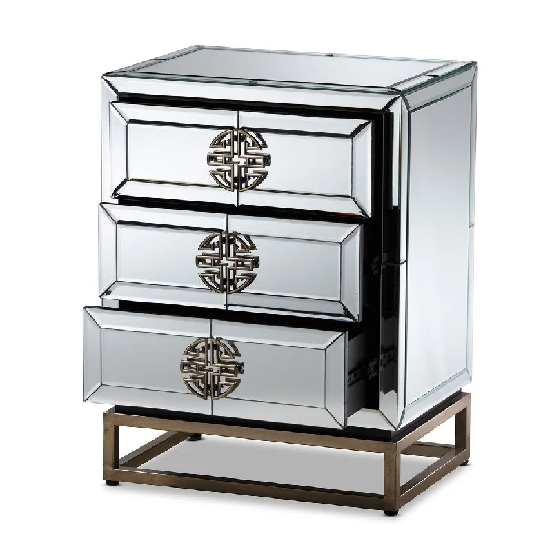 Laken Contemporary Glam and Luxe Mirrored and Antique Bronze Finished 3-Drawer Nightstand