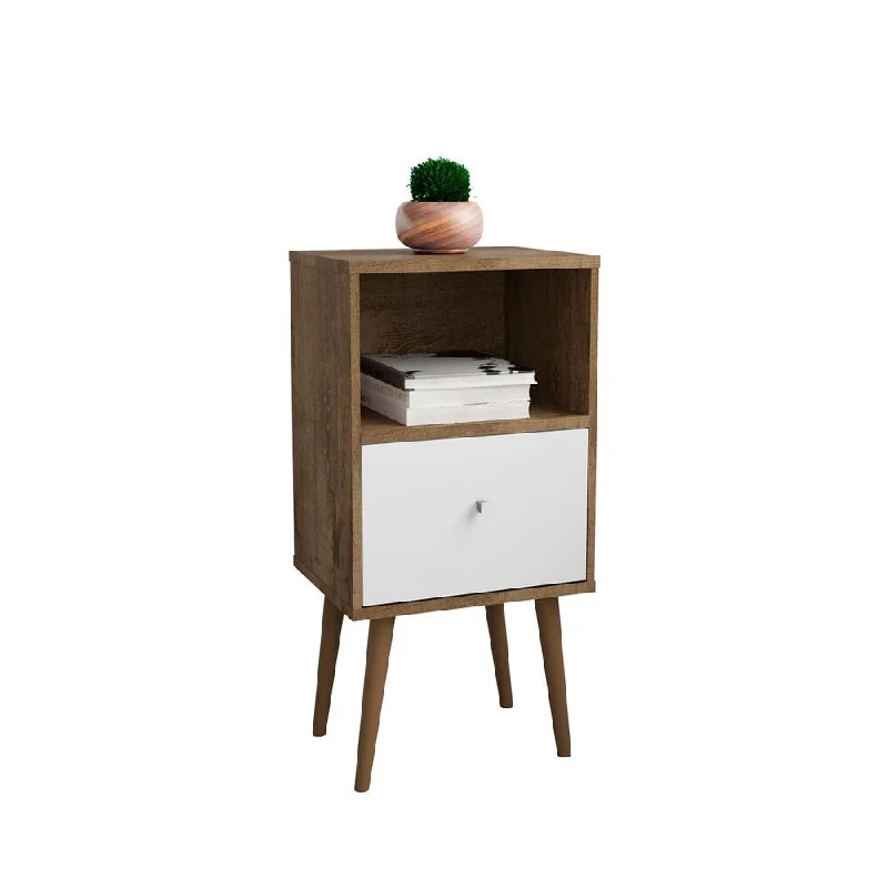 Liberty Mid-Century Modern Nightstand 1.0 with 1 Cubby Space and 1 Drawer in Rustic Brown and White