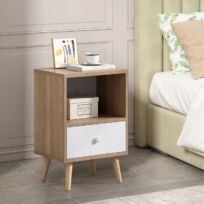 Mid-Century Wood Nightstand Set of 2,Side Table with Drawer and Shelf