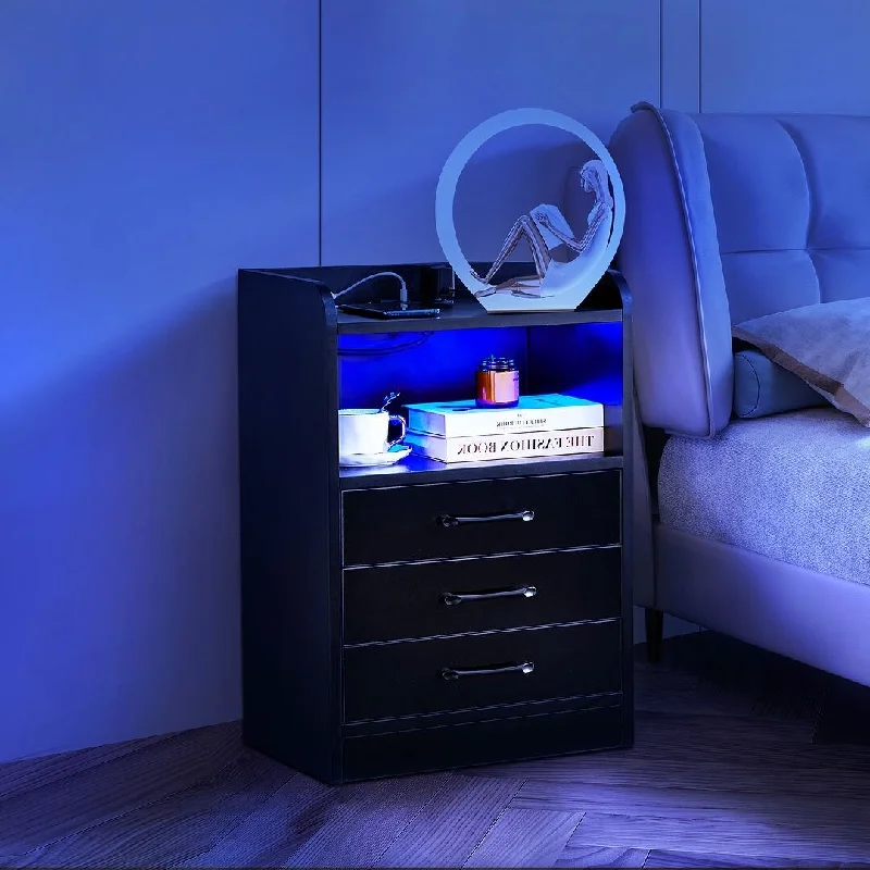 Modern LED Nightstand with 3 Drawers and Charging Station, USB Ports