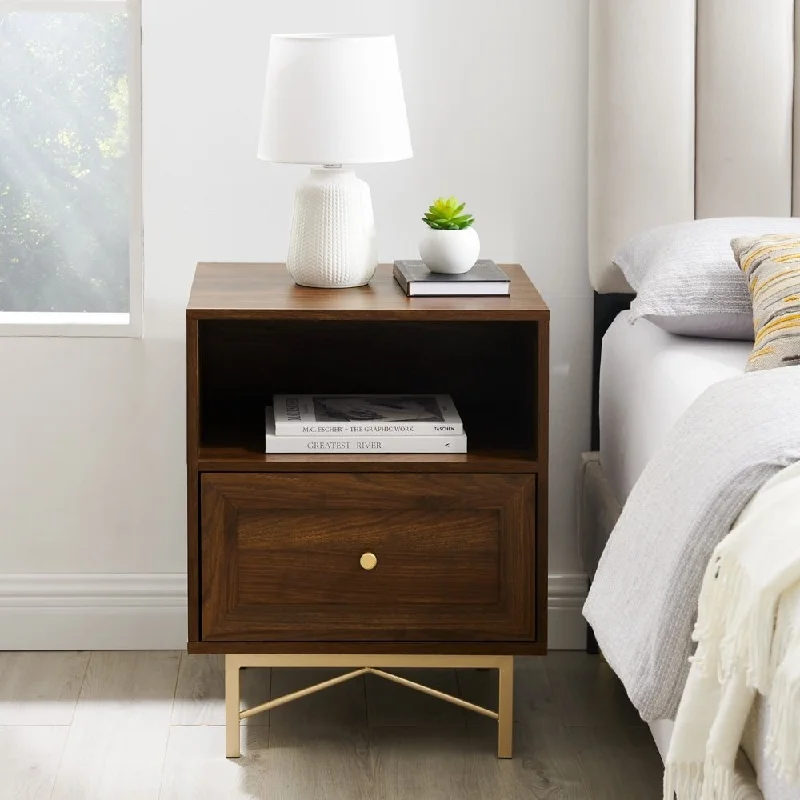 Modern Single Drawer Nightstand, Dark Walnut