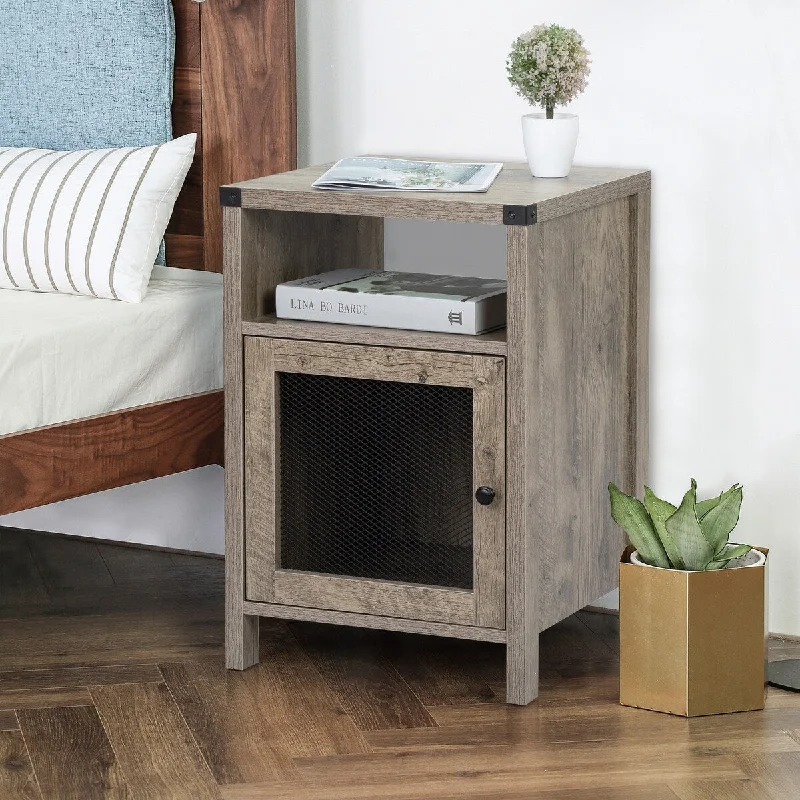 Multi-Function Farmhouse Nightstand - Retro Gray + P2 Particle Board - Power Outlets, USB Ports, Cabinet, Shelf