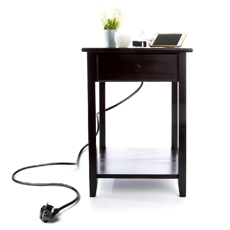 Night Stand End Accent Table, with USB Port. Espresso. 17"