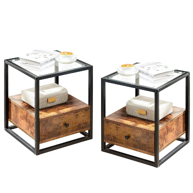 Nightstand Set of 2 - Tempered Glass Top with Drawer - Modern Glass Night Stand with Drawer and Storage Shelf