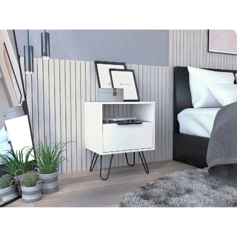 Nightstand, Single Door Cabinet, Hairpin Legs -White