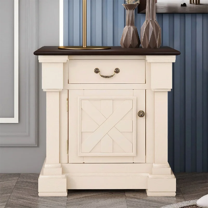 Nightstand with 1 Drawer and Cabinet USB Charging Ports Antique White