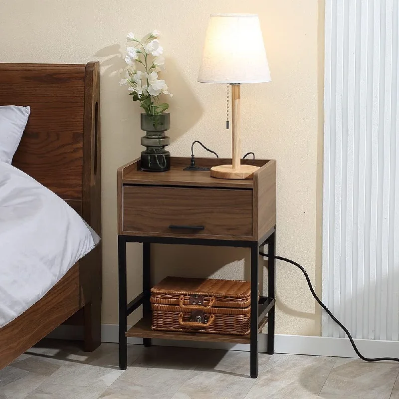 Nightstand with Charging Station and USB Ports, 3 - Tier End Side Table with Flip Drawer and Open Storage Shelf,