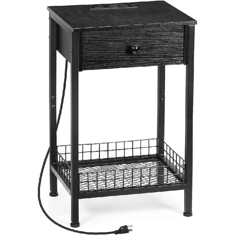 Nightstand with Mesh Basket & Charging Station