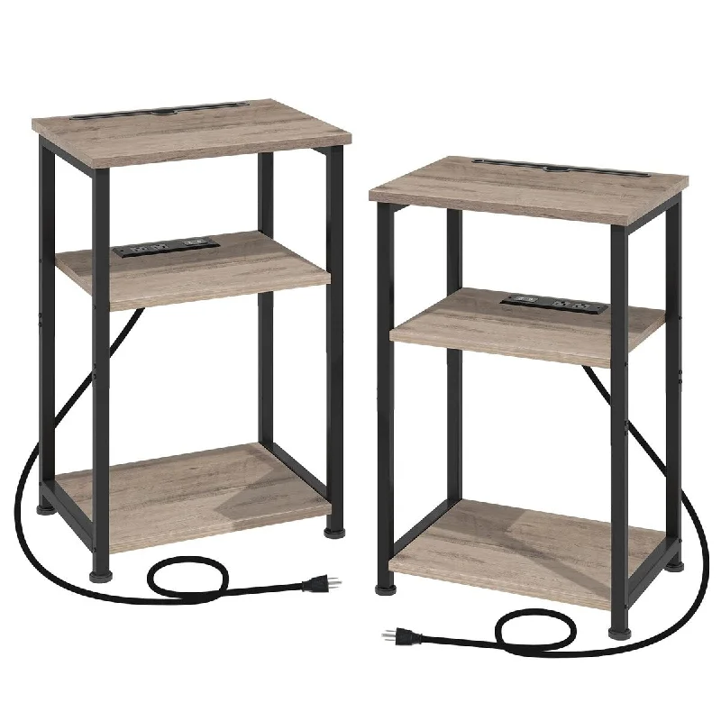 Nightstands Set of 2, End Side Table with Charging Station Phone Holder, Slim Couch Table with USB Ports & Outlets,