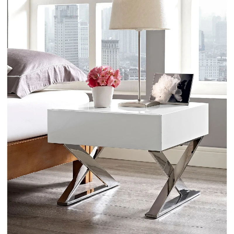 Parker Modern White High Gloss Nightstand with Chrome X Legs