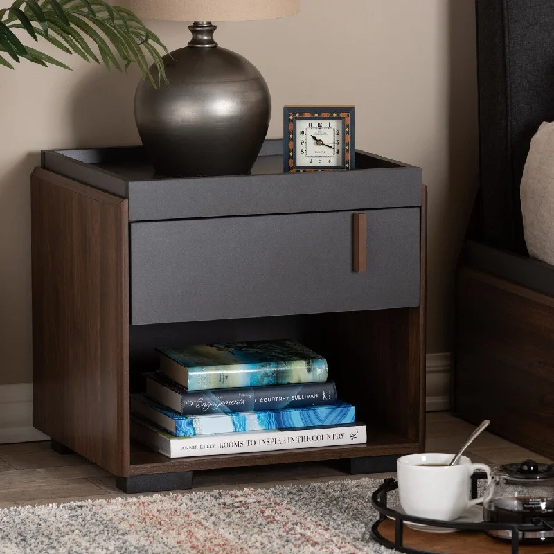 Rikke Modern and Contemporary Two-Tone Gray and Walnut Finished Wood 1-Drawer Nightstand