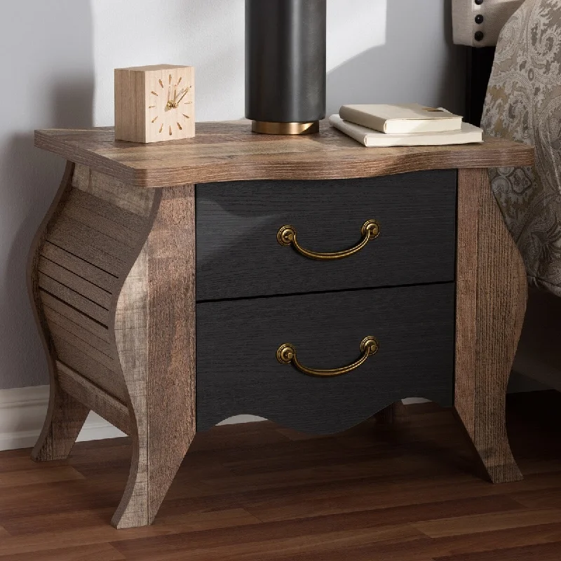 Romilly Country Cottage Farmhouse Black and Oak-Finished Wood 2-Drawer Nightstand