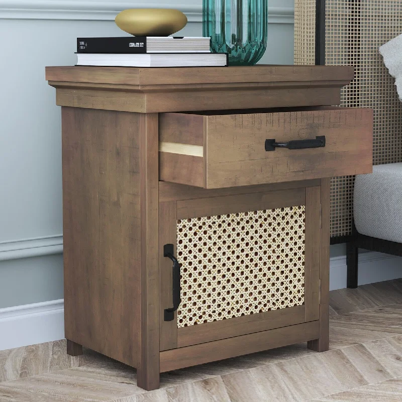 Rustic Nightstand with Drawer and Rattan Design Cabinet,Natural