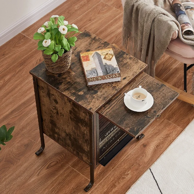 Set of 2 Modern Nightstand with Pull-out Shelf and Mesh Cabinet, Brown